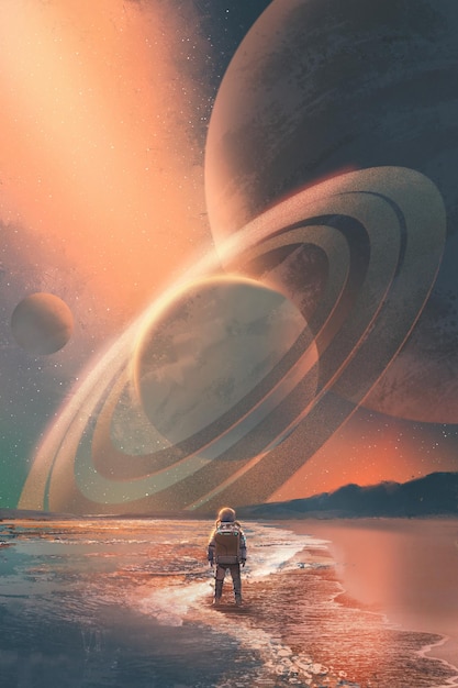 the astronaut standing on the beach looking at planets in the sky,illustration painting