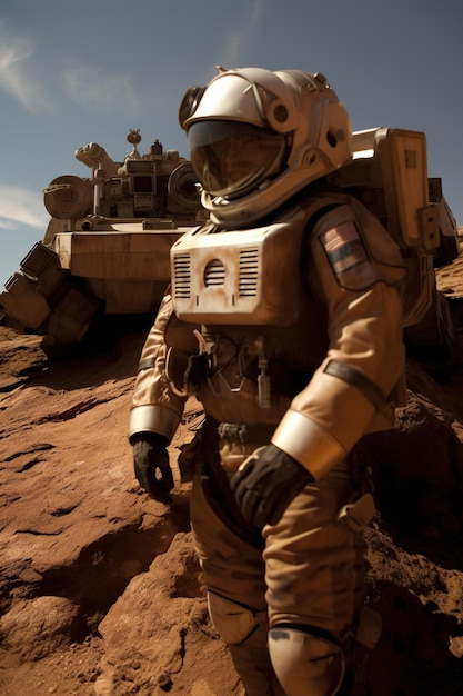 A astronaut standing on brown the dry land