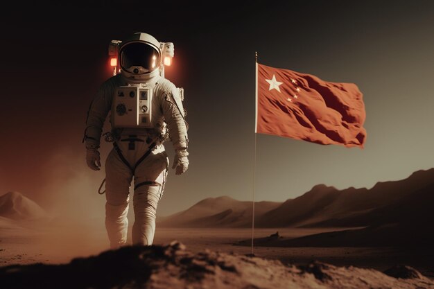 Astronaut standing in front of china flag on planet mars Generative Ai