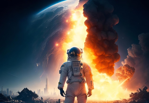 Astronaut standing in front of Comet impact des