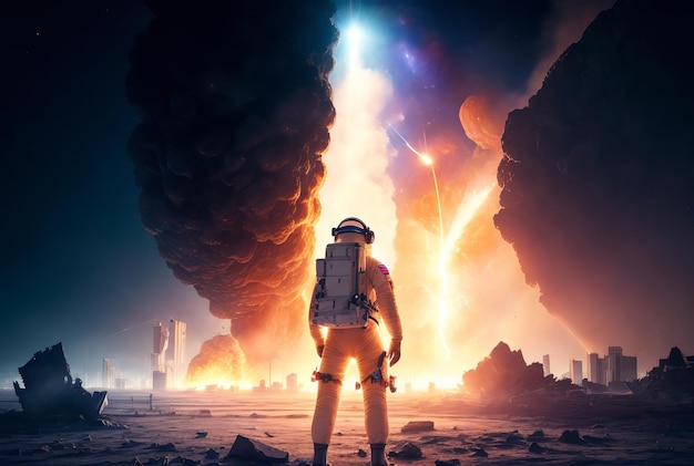 Astronaut standing in front of Comet impact des