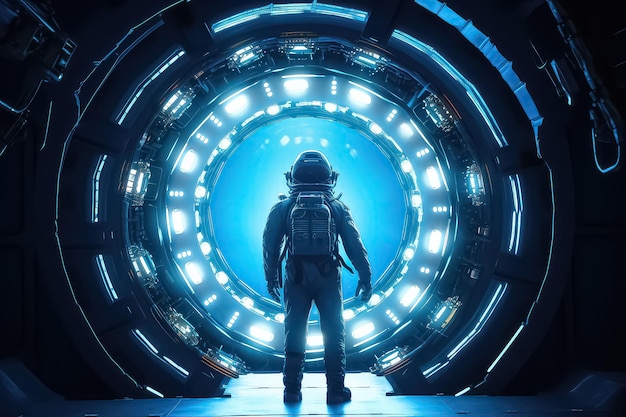 Foto astronauta in piedi davanti a un misterioso portale aperto verso un altro mondo ai