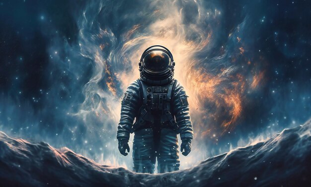 An astronaut standing in front of an nebula