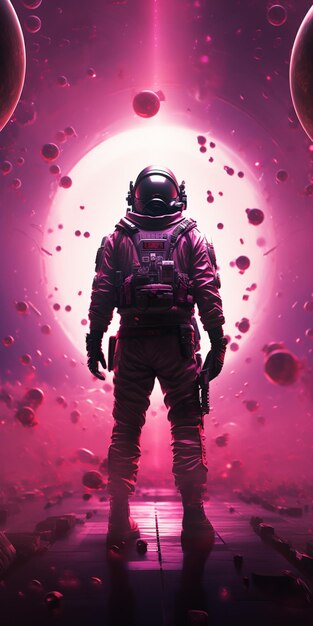 Астронавт стоит перед розовым фоном с планетами генеративными ai