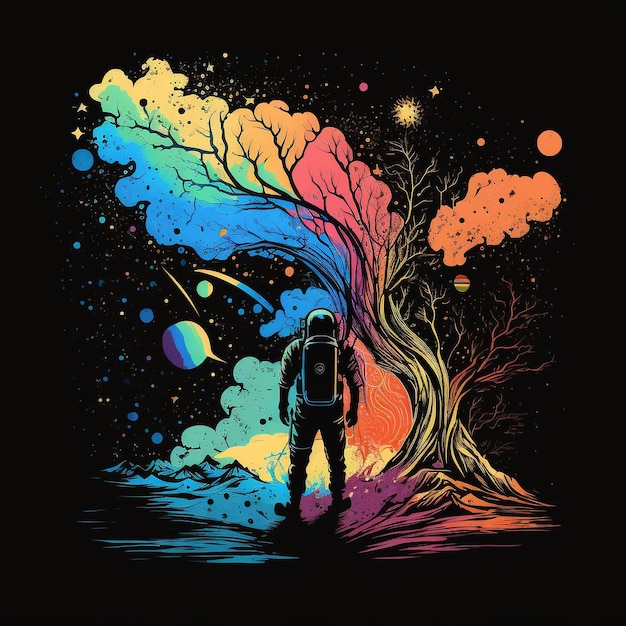 Premium Photo | Astronaut standing in front of a tree with a rainbow on it