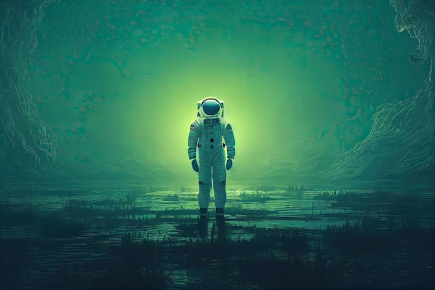 The astronaut standing on glowing swamp digital art scifi concept horizontal side view