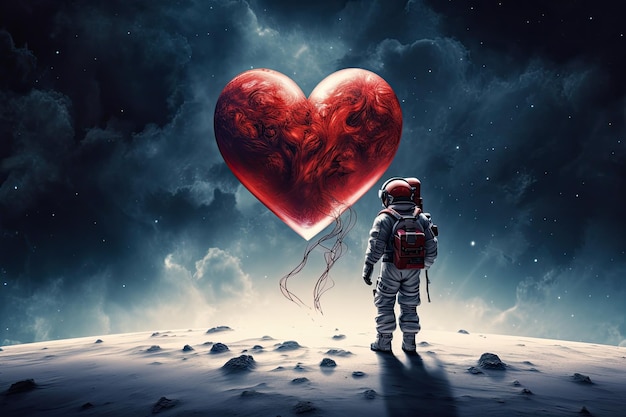 月面に立って赤いハートを持つ宇宙飛行士 ミクストメディア バレンタインデーに大きな赤いハートを持つ月面の宇宙飛行士 AI 生成