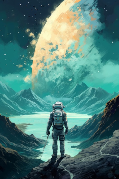 An astronaut standing on a mountain looking at mountains