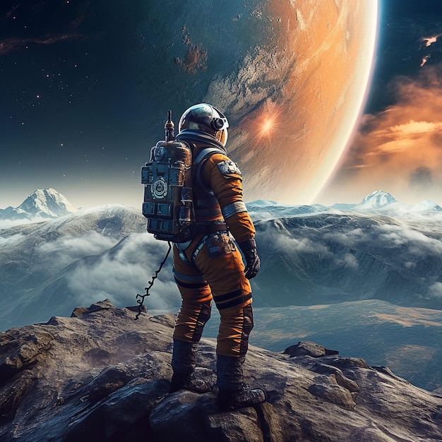 Астронавт, стоящий на вершине горы, генерирует искусственный интеллект