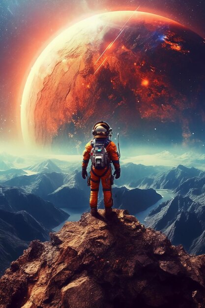 an astronaut standing on a mountain top of vibrant planet AI generative