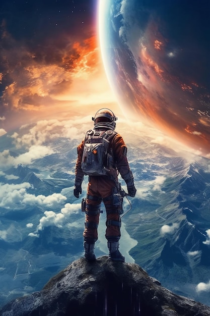 an astronaut standing on a mountain top of vibrant planet AI generative