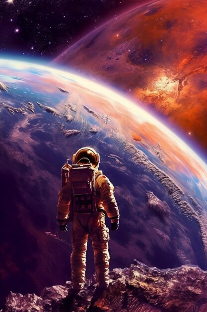 астронавт, стоящий на вершине горы яркой планеты, созданной ИИ