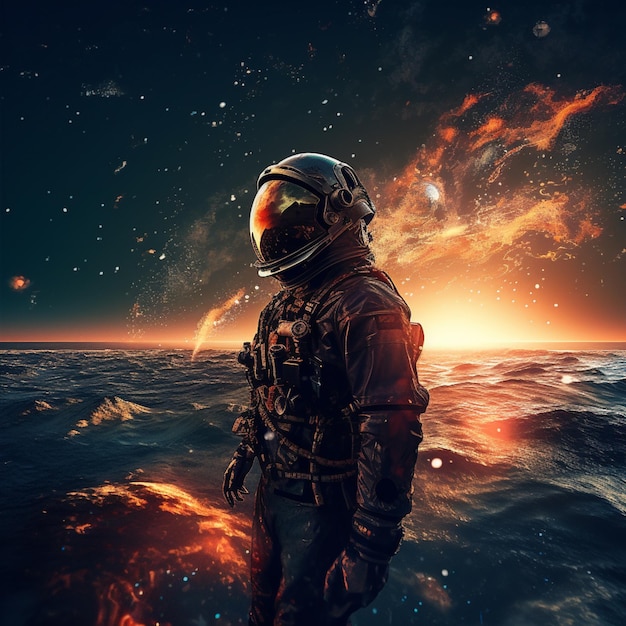 Astronaut standing in the ocean with a view of the sun generative ai