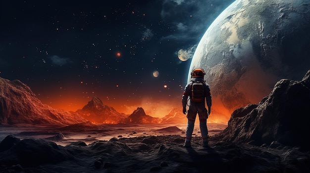 Astronaut standing on planets surface with cosmos and planets background