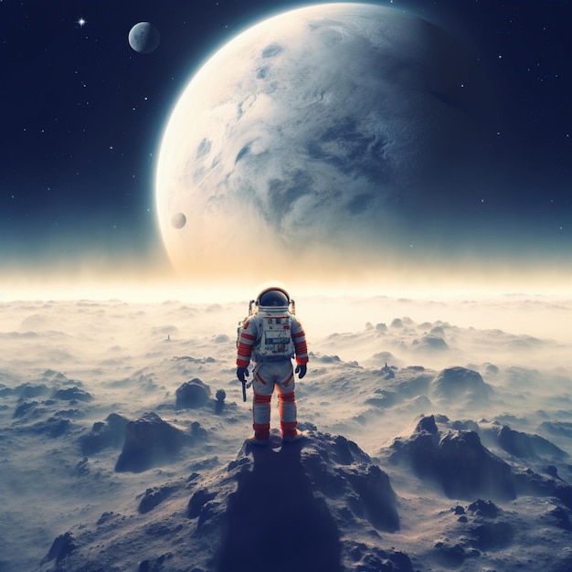 Astronaut standing on a rocky surface looking at the moon generative ai