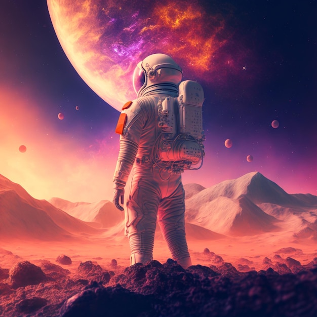 Astronaut standing on a rocky surface looking at a planet generative ai