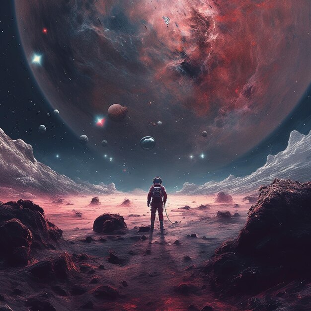 Astronaut standing on a rocky surface looking at planets generative ai