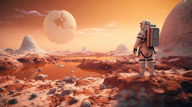 A astronaut standing on a rocky surface