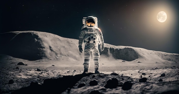 Astronaut standing on a soil of alien rocky planet Generative AI