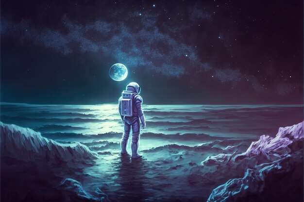 Astronaut standing in the strange sea and looking at the planet in the sky digital art style illustration painting fantasy illustration of an astronaut in the sea