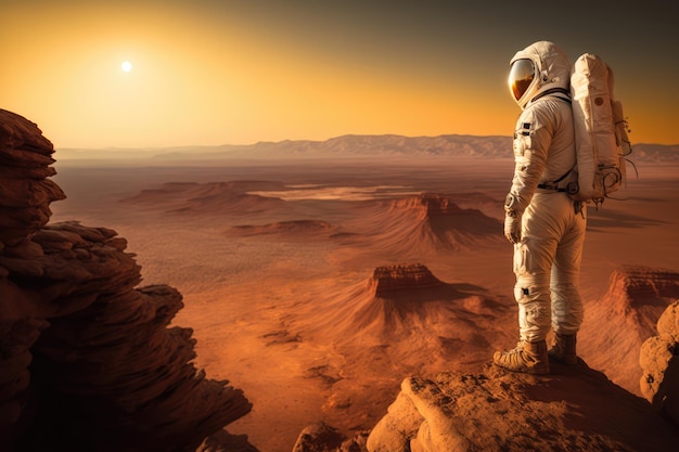 Astronaut standing in the sunset on planet Mars generative ai