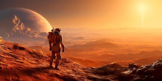 Astronaut standing on the surface of Mars capturing the barren landscape and the reddish hues of the planet's soil Generative AI