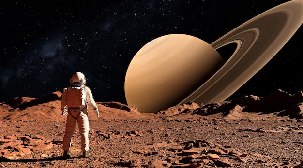 Foto astronauta in piedi sulla superficie del pianeta rosso e guardando il rendering 3d di saturno