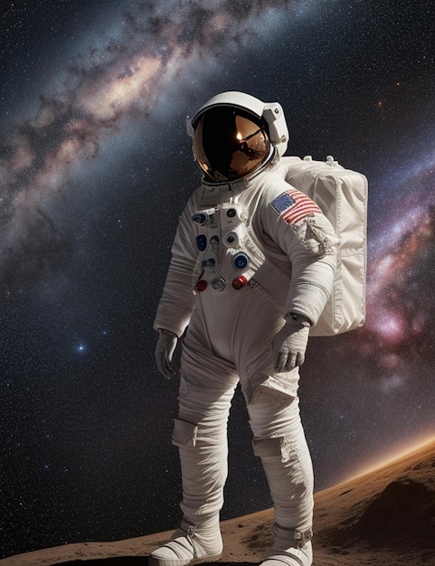 Foto l'astronauta in piedi su uno sfondo di stelle galattiche da vicino porta l'attrezzatura completa