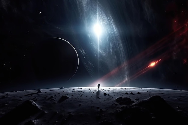 An astronaut stands alone on the unknown planet The space environment background Generative AI