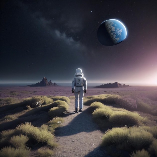 An astronaut stands on a desert with the earth in the background.