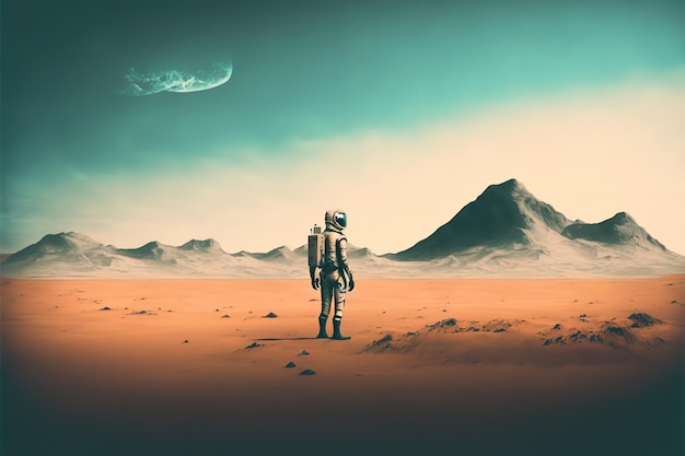 Астронавт стоит на пустынной планете на поверхности Марса