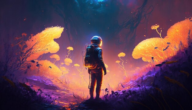 An astronaut stands in front of a forest of mushrooms.