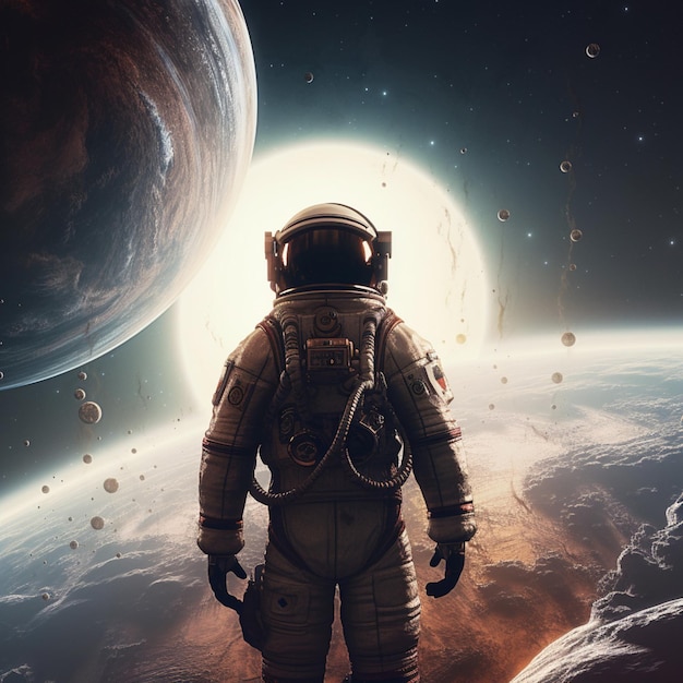 An astronaut stands in front of a planet with a planet in the background.