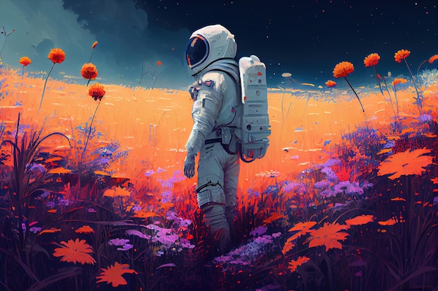 Astronaut stands in the middle of a flowering field on an unknown planet Generative AI