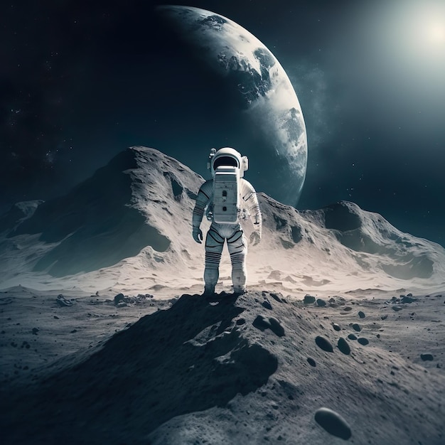 An astronaut stands on the moon in front of a large earth