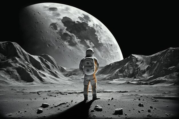 An astronaut stands on the moon looking at the moon.