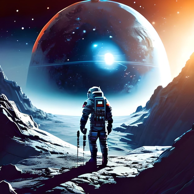 An astronaut stands on a moon with a planet in the background.