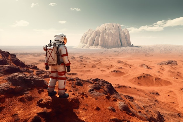 An astronaut stands on a planet looking at a rock formation.