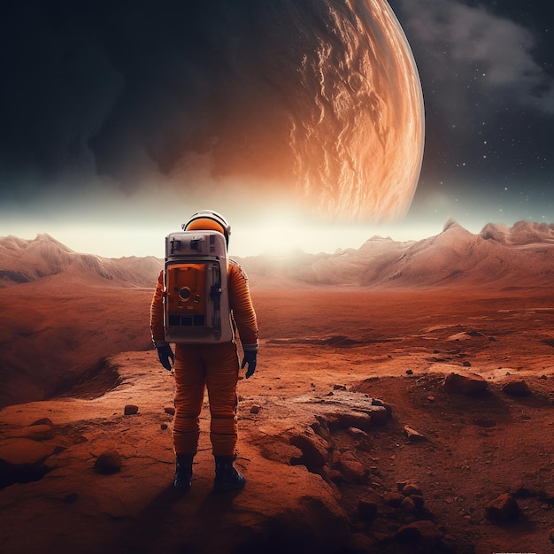 An astronaut stands on a planet with a moon in the background generative ai