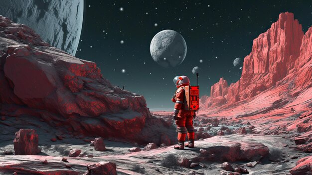 An astronaut stands on a planet with a planet in the background.