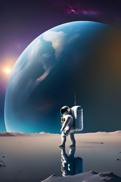 An astronaut stands on the surface of the moon