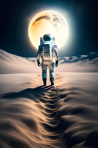 An astronaut stands on the surface of the moon