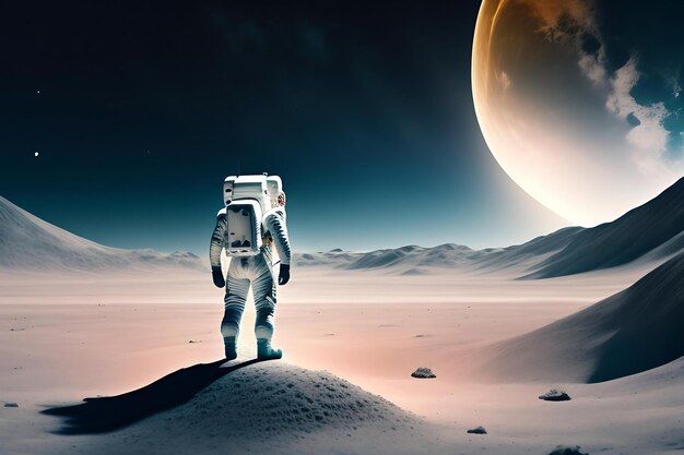 An astronaut stands on the surface of the moon