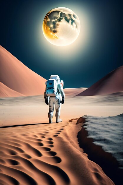 An astronaut stands on the surface of the moon