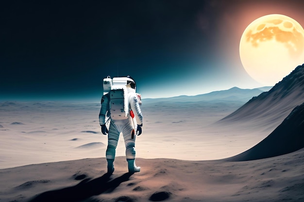 An astronaut stands on the surface of the moon