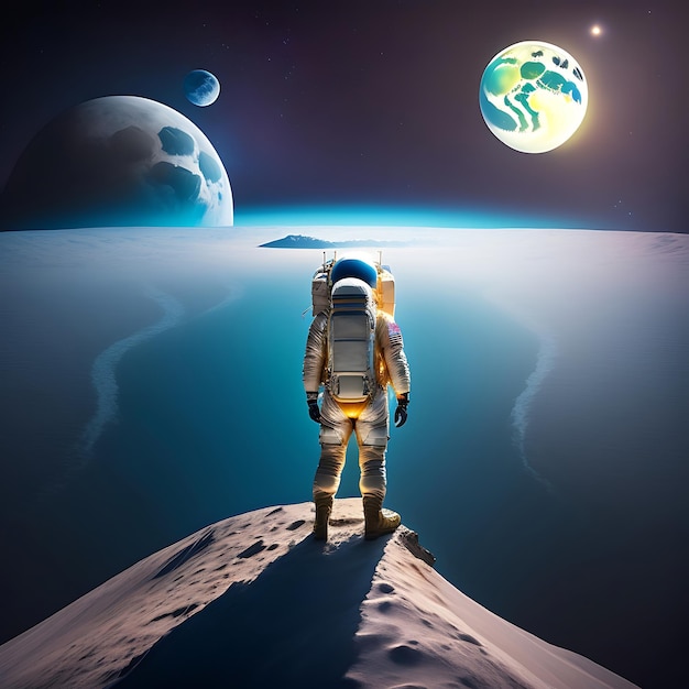 An astronaut stands on the surface of the moon