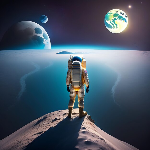 An astronaut stands on the surface of the moon