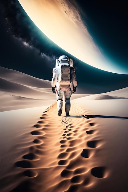 An astronaut stands on the surface of the moon