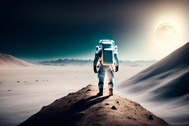 우주비행사가 달 표면에 서 있다