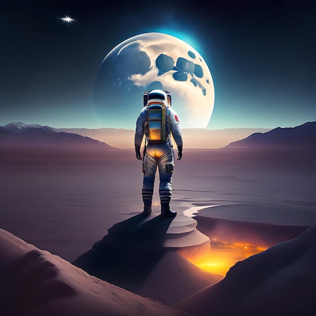 An astronaut stands on the surface of the moon